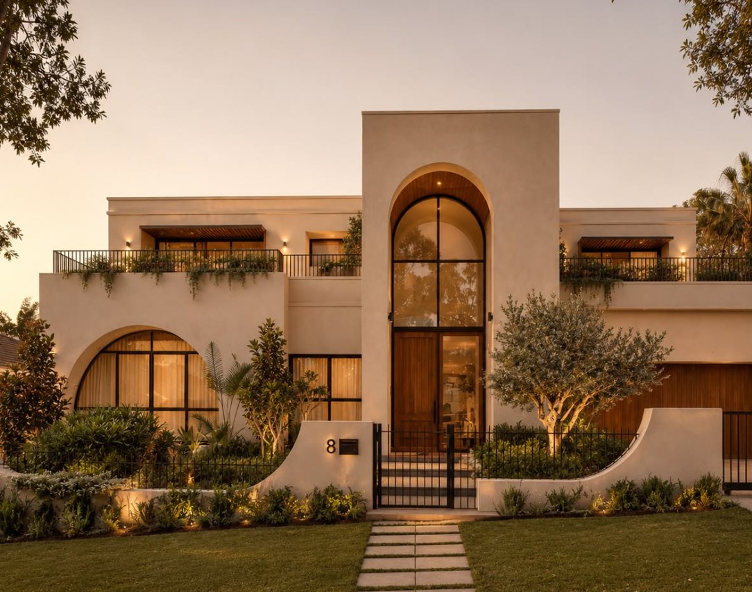 Luxury villa at dusk, facade and lighting design